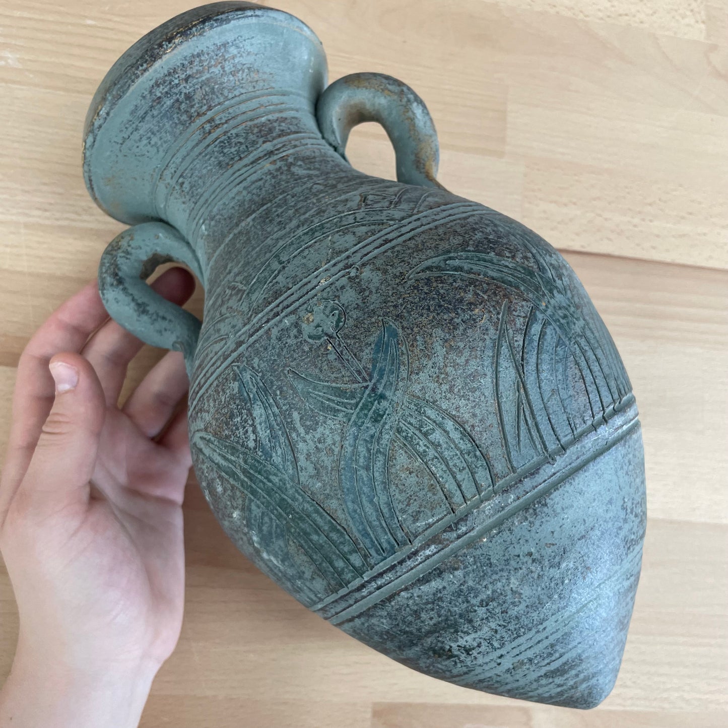 Vintage Amphora Pottery Vessel with Handles and Stand, Greco-Roman Style