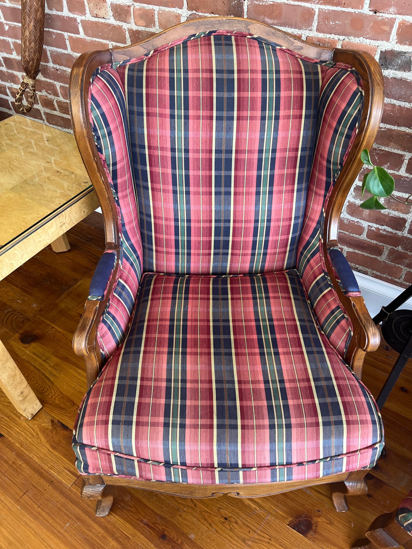 Pair of Vintage Plaid Wingback Chairs with Wood Frame – Classic Americana