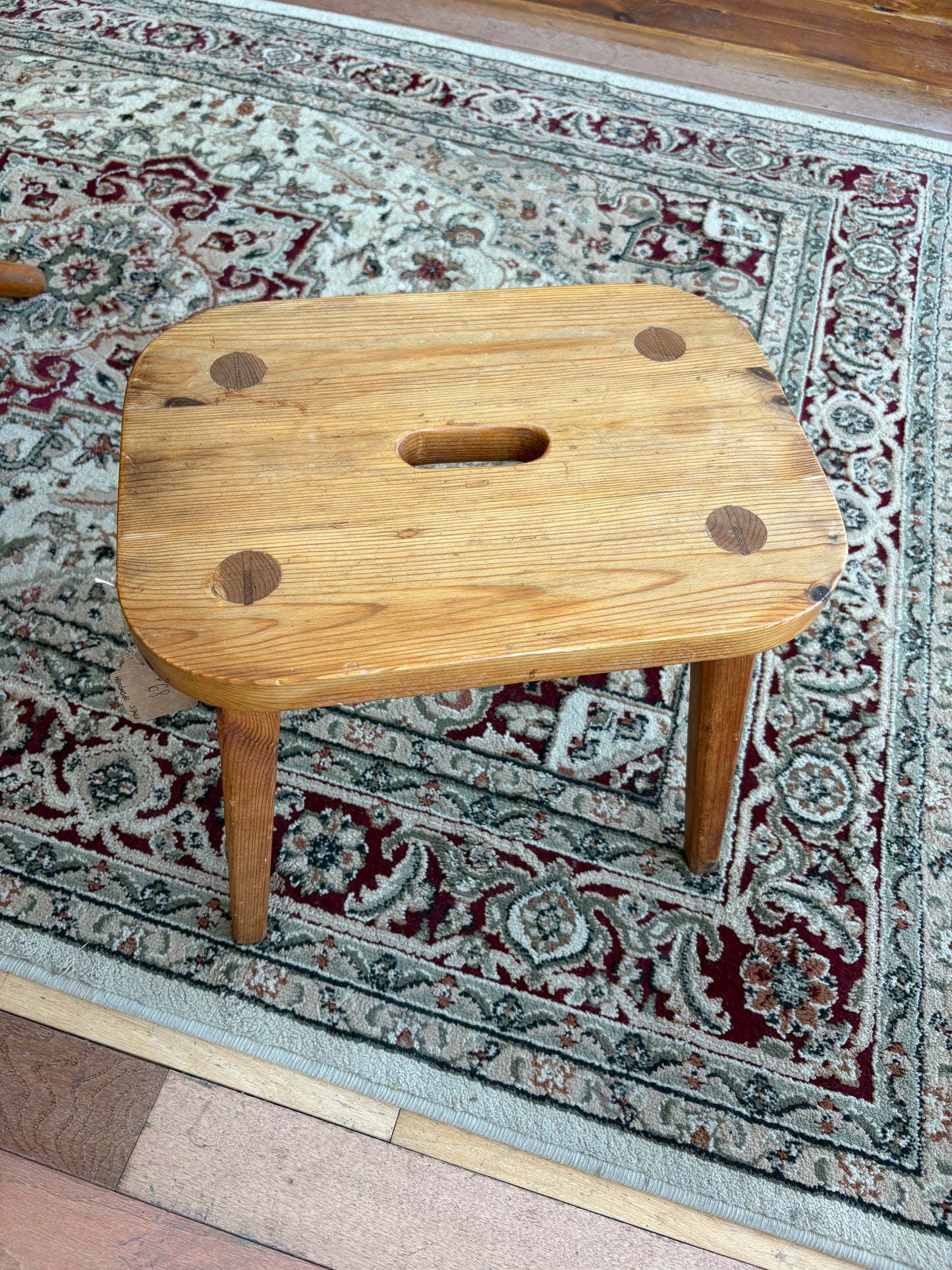 Signed “Karl 1993” Hand-Made Pine Stool – Tapered Legs, Carry Slot, 15″