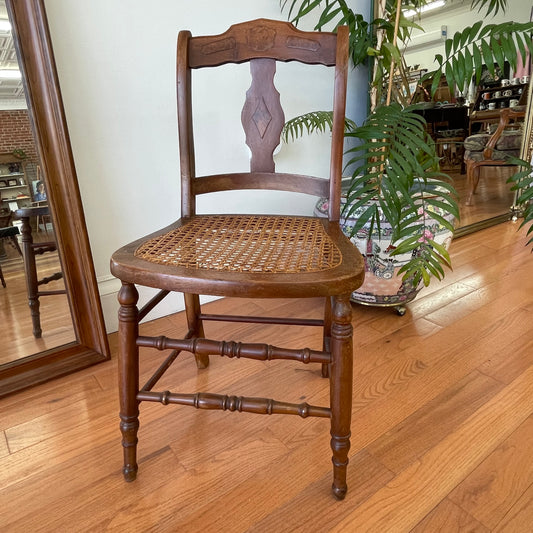 Vintage Wooden Cane Chair with Diamond-Back Detail