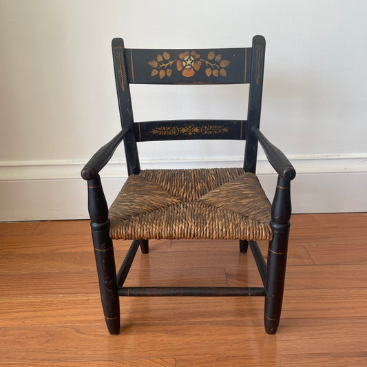 Vintage Hand-Painted Black Hitchcock Child's Chair with Rush Seat