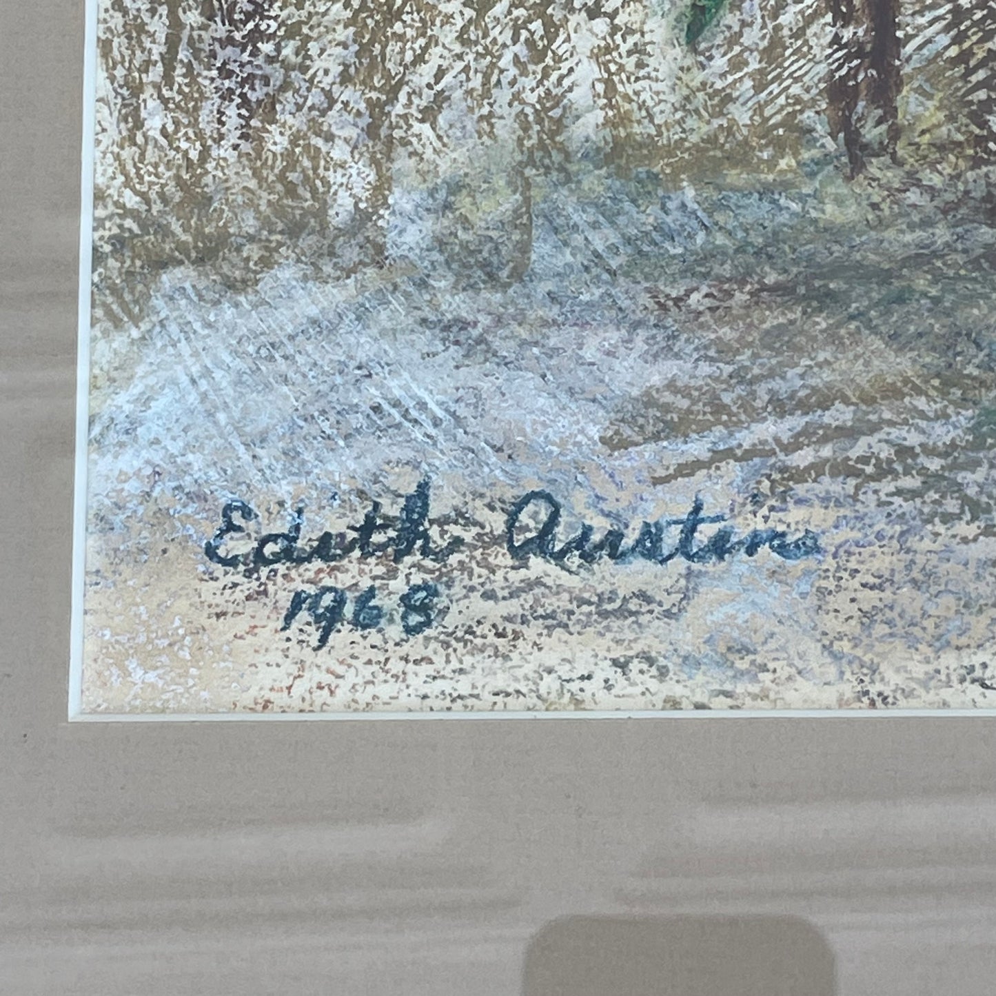 Pastel Still Life by Edith Austin – 1968 Signed, Framed Artwork of Greenery in Blue Vase