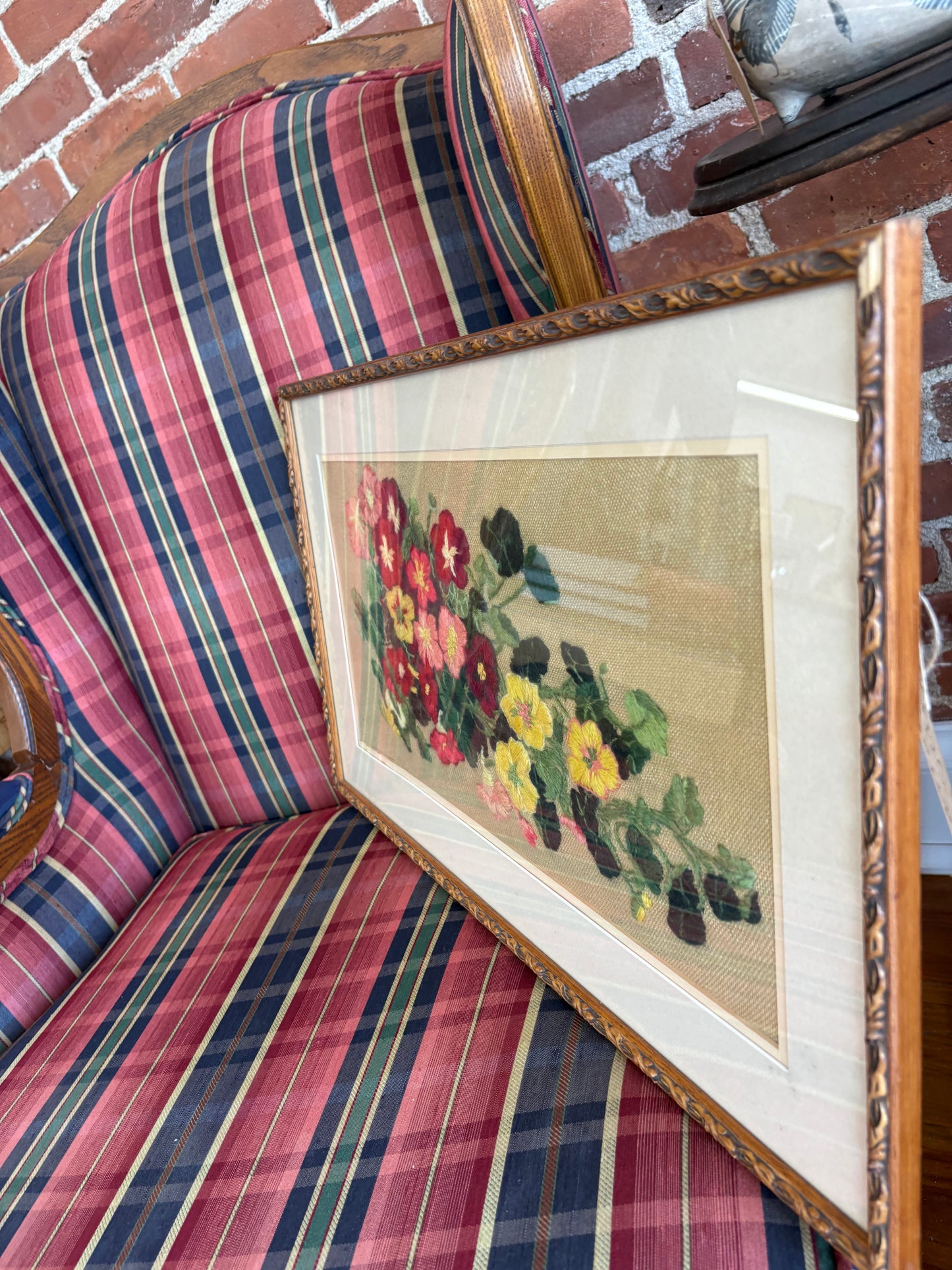 Mid-Century Framed Floral Embroidery – Vibrant Nasturtium Needlework Art