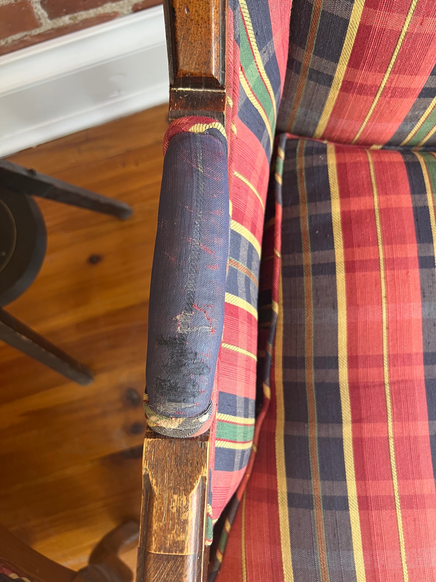 Pair of Vintage Plaid Wingback Chairs with Wood Frame – Classic Americana