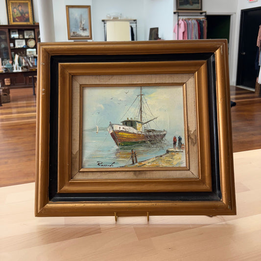 Shirley Rossini Oil – Fishing Boat at Dock, Signed, Framed Nautical Scene 18″