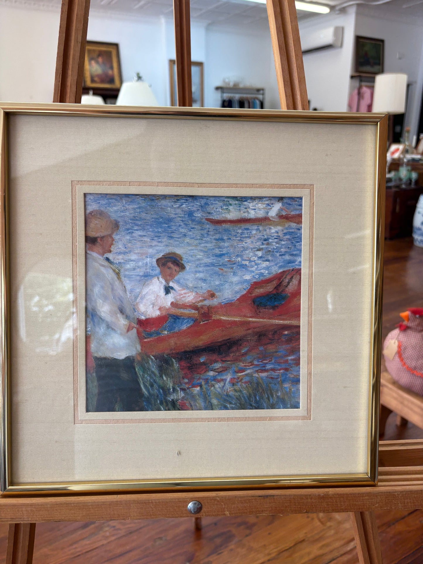 Impressionist Boating Scene – Monet-Style Print, Gold Metal Frame, 12″ × 12″