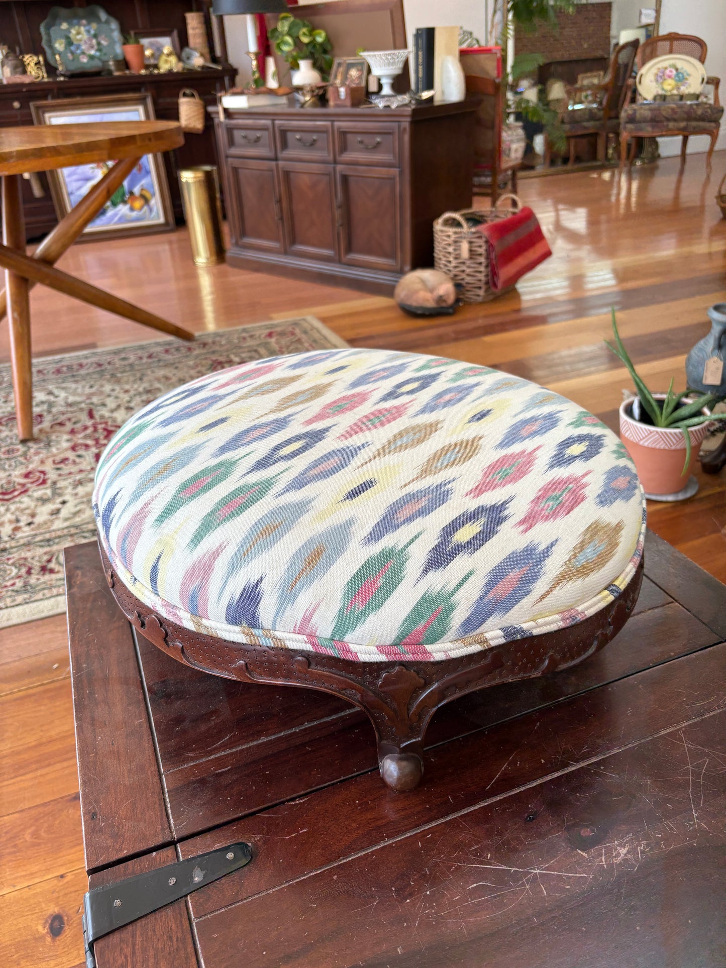 Vintage Carved Footstool – Ikat Upholstery, Cabriole Legs, 22″ × 19″ × 7″