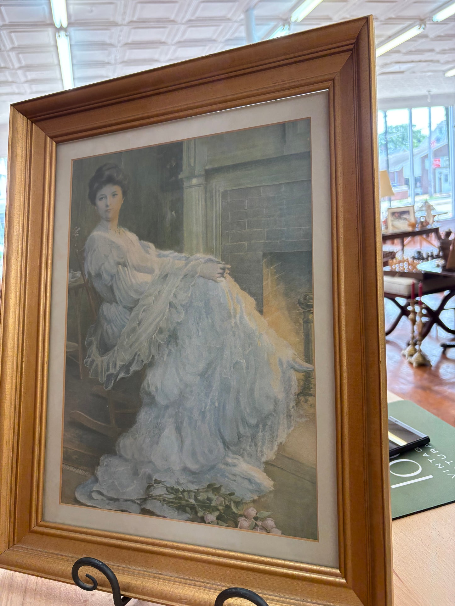 Edwardian Lady by the Hearth – Framed Print in Gilt Wood, 19″ × 15″