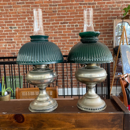 Pair of Vintage Nickel Oil Lamps with Emerald Green Ribbed Glass Shades