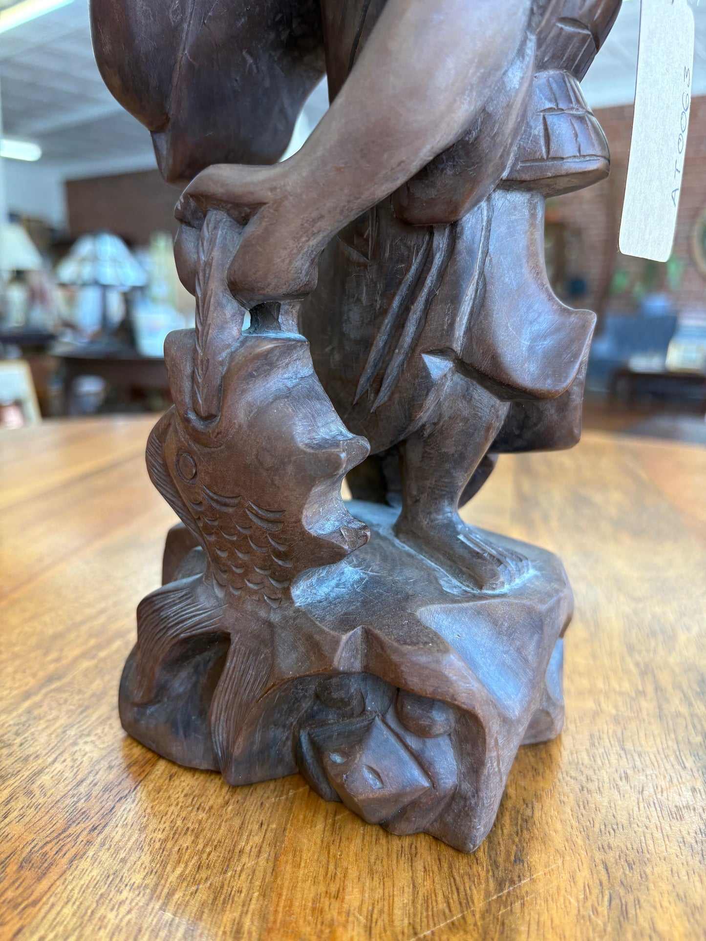 Vintage Chinese Fisherman Wood Carving – Removable Hat, Red Cedar, 12″ Tall