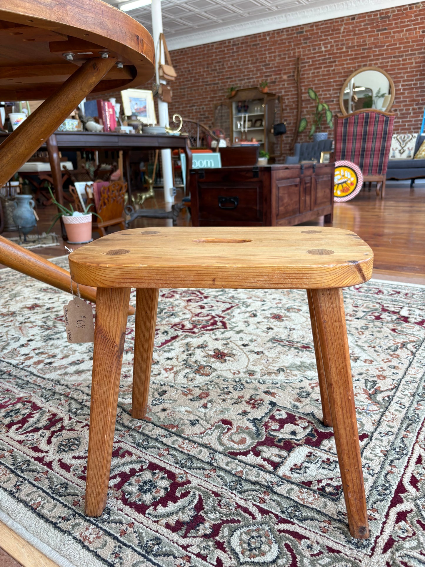 Signed “Karl 1993” Hand-Made Pine Stool – Tapered Legs, Carry Slot, 15″