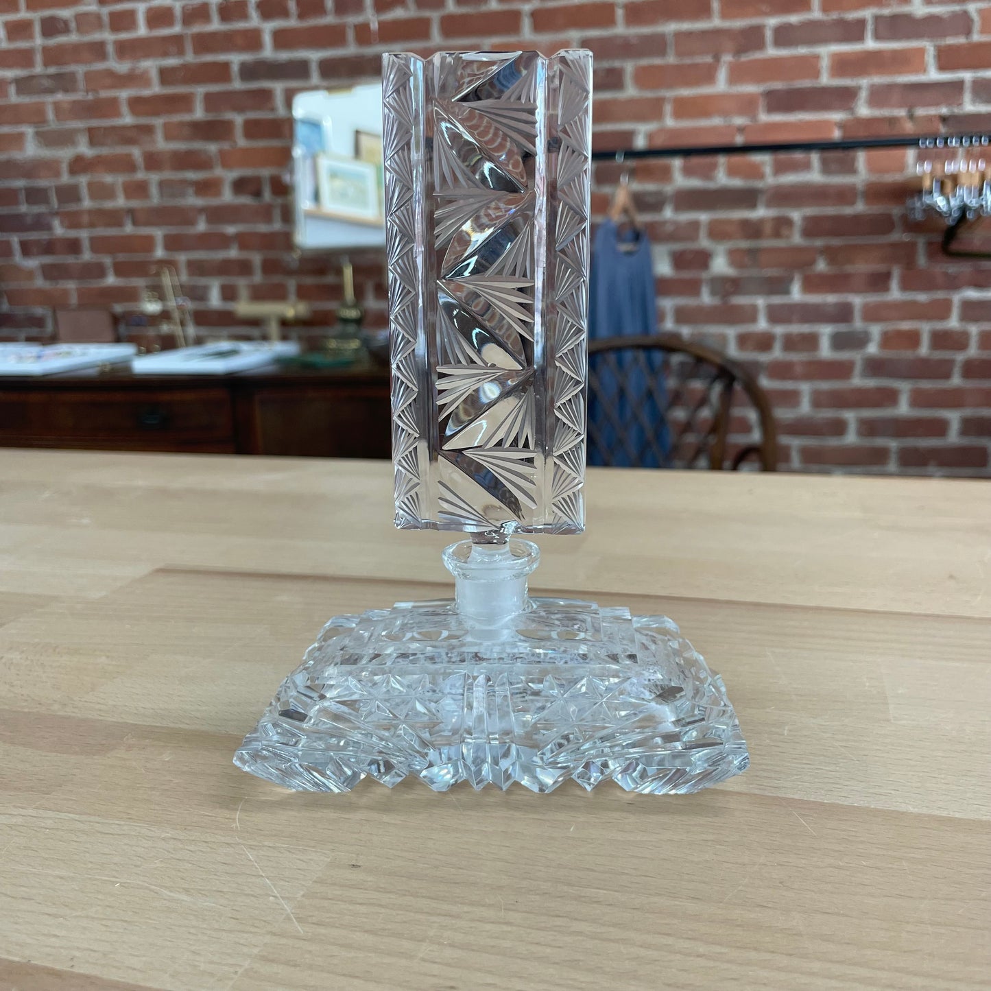 Vintage Czechoslovakia Cut Crystal Perfume Bottle with Geometric Stopper