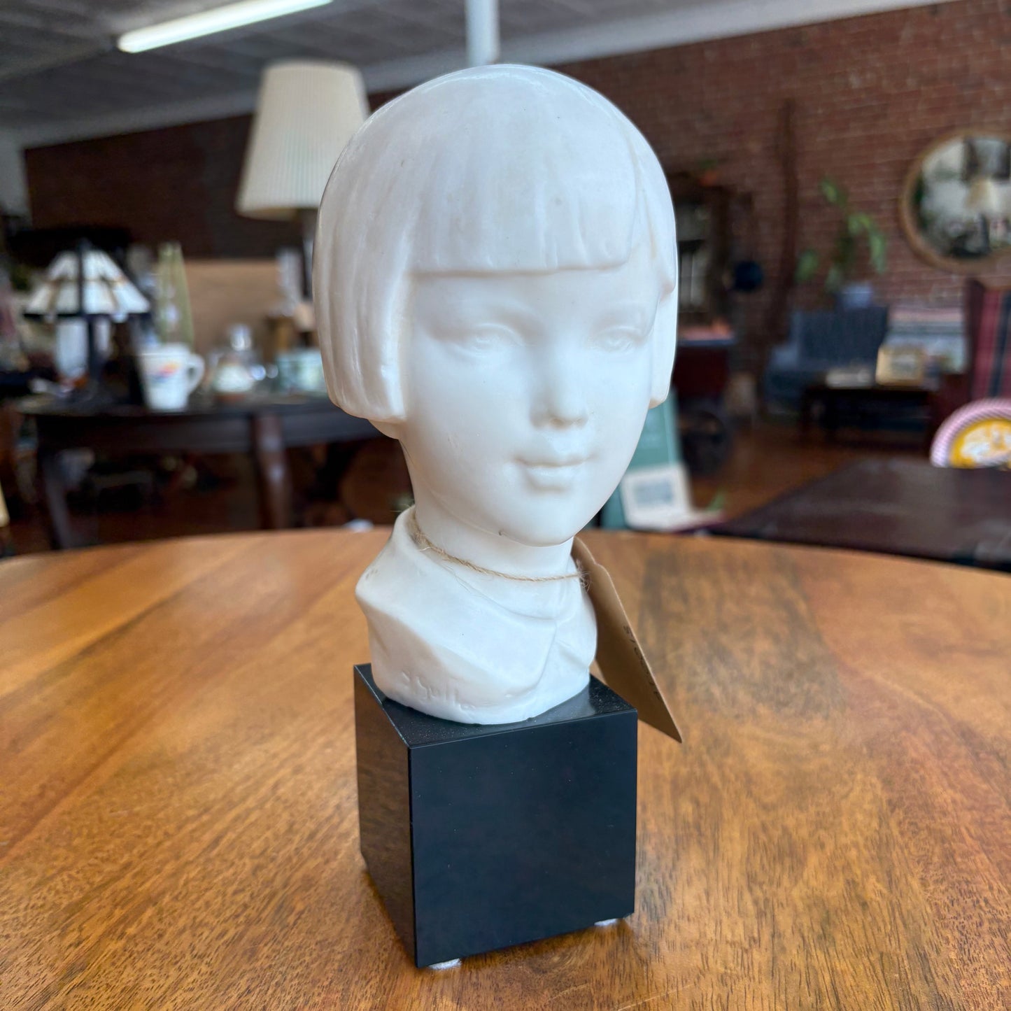I. Gallo French Girl Bust – Faux Marble on Onyx Base, Mid-Century, 6.5″