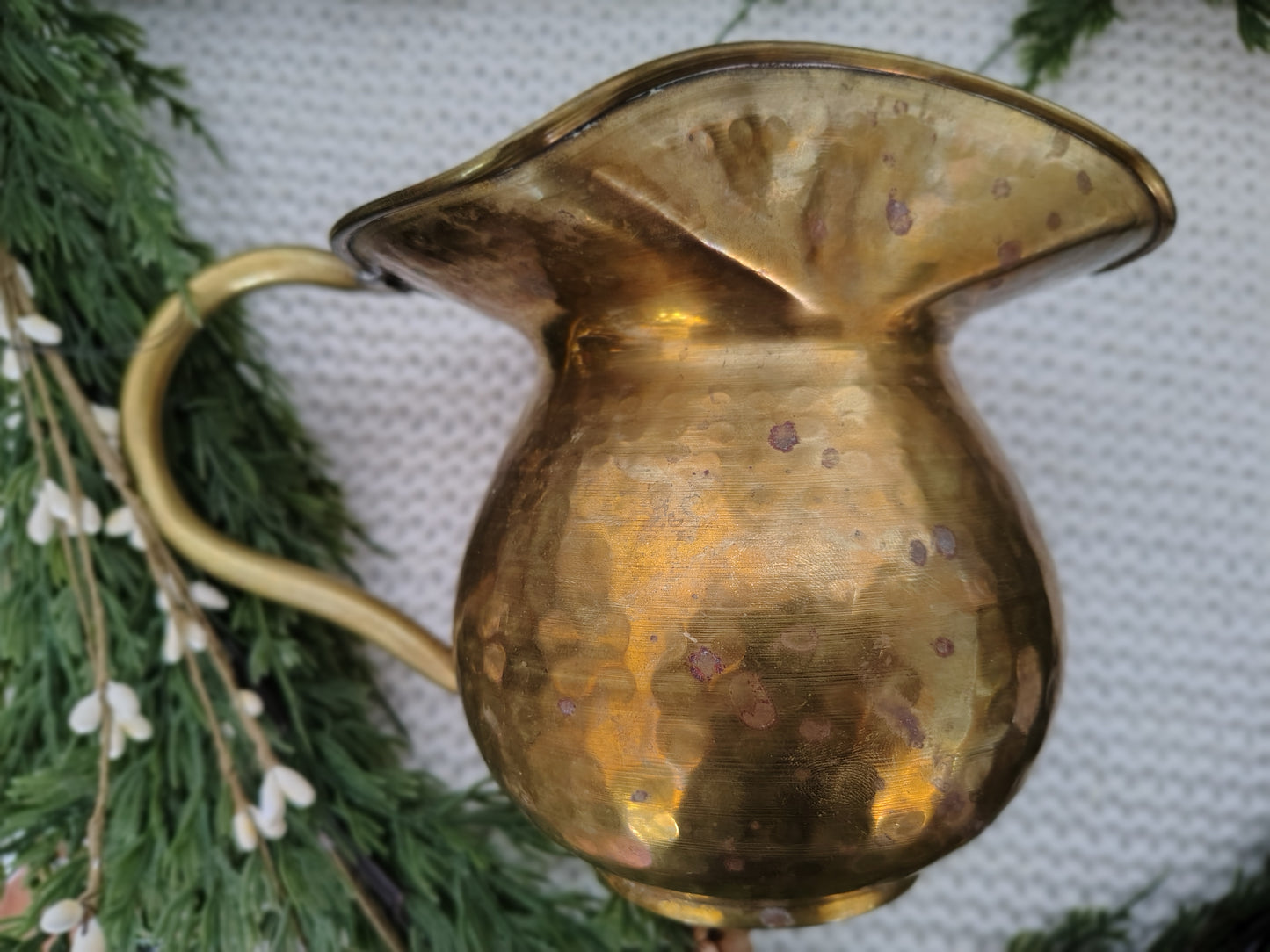 Vintage Hand-Hammered Brass Pitcher Rustic Fall Decor, Halloween Christmas, Farmhouse Style Vase or Jug (6” H x 8.5” W with Handle)