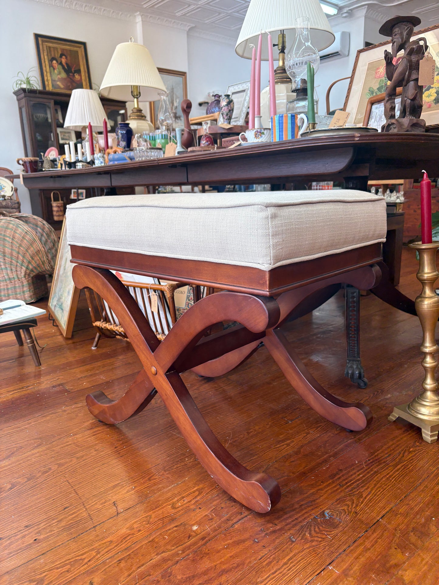 X-Base Wooden Ottoman Bench with Cream Upholstered Cushion