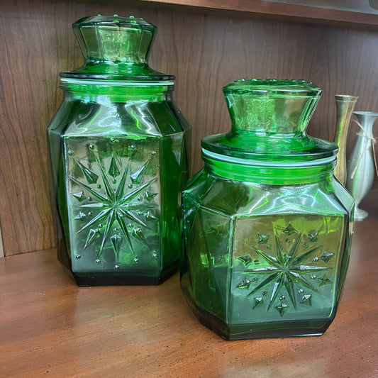Vintage Wheaton Green Glass Canisters – Set of 2 with Starburst Design