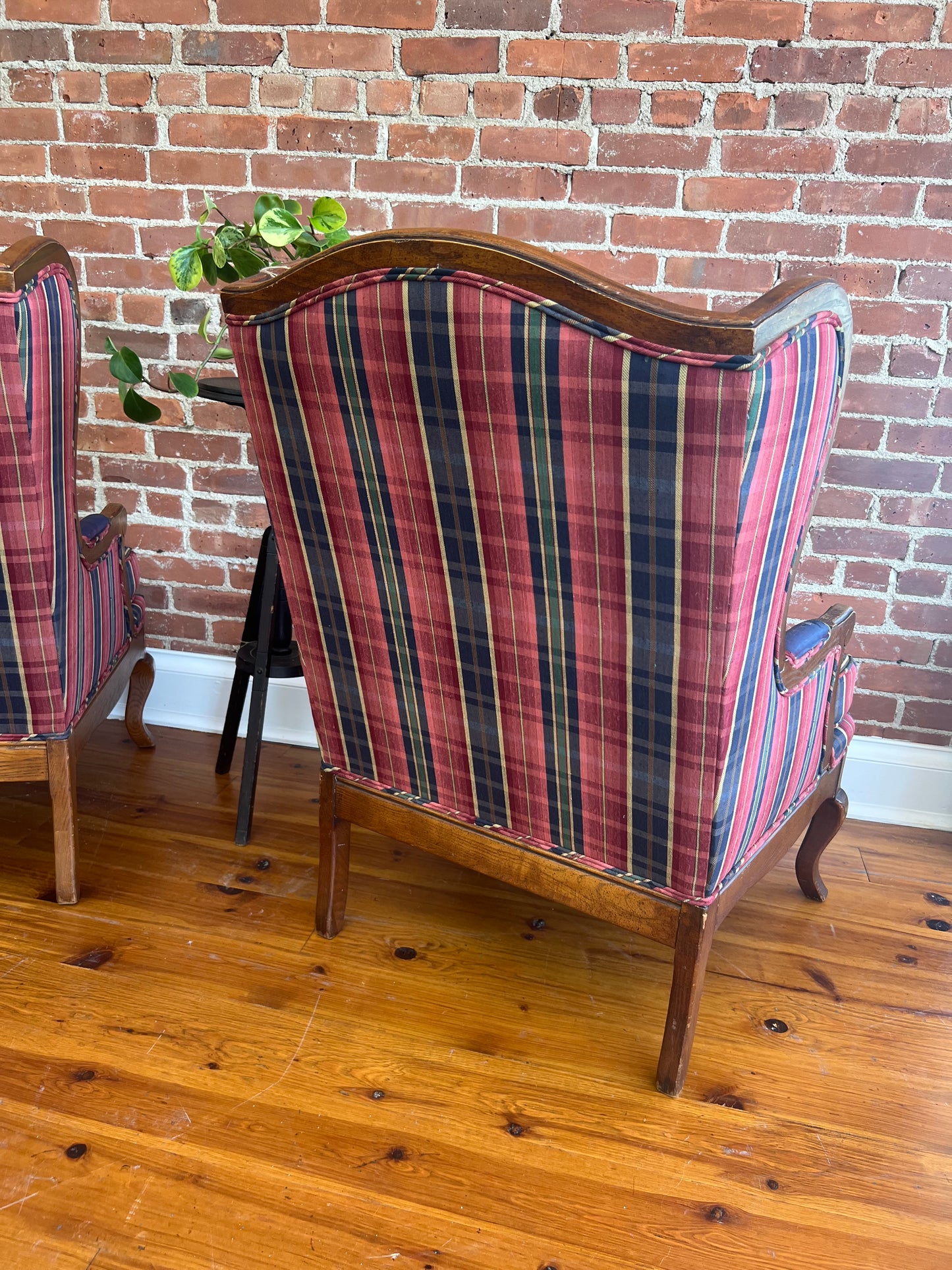 Pair of Vintage Plaid Wingback Chairs with Wood Frame – Classic Americana