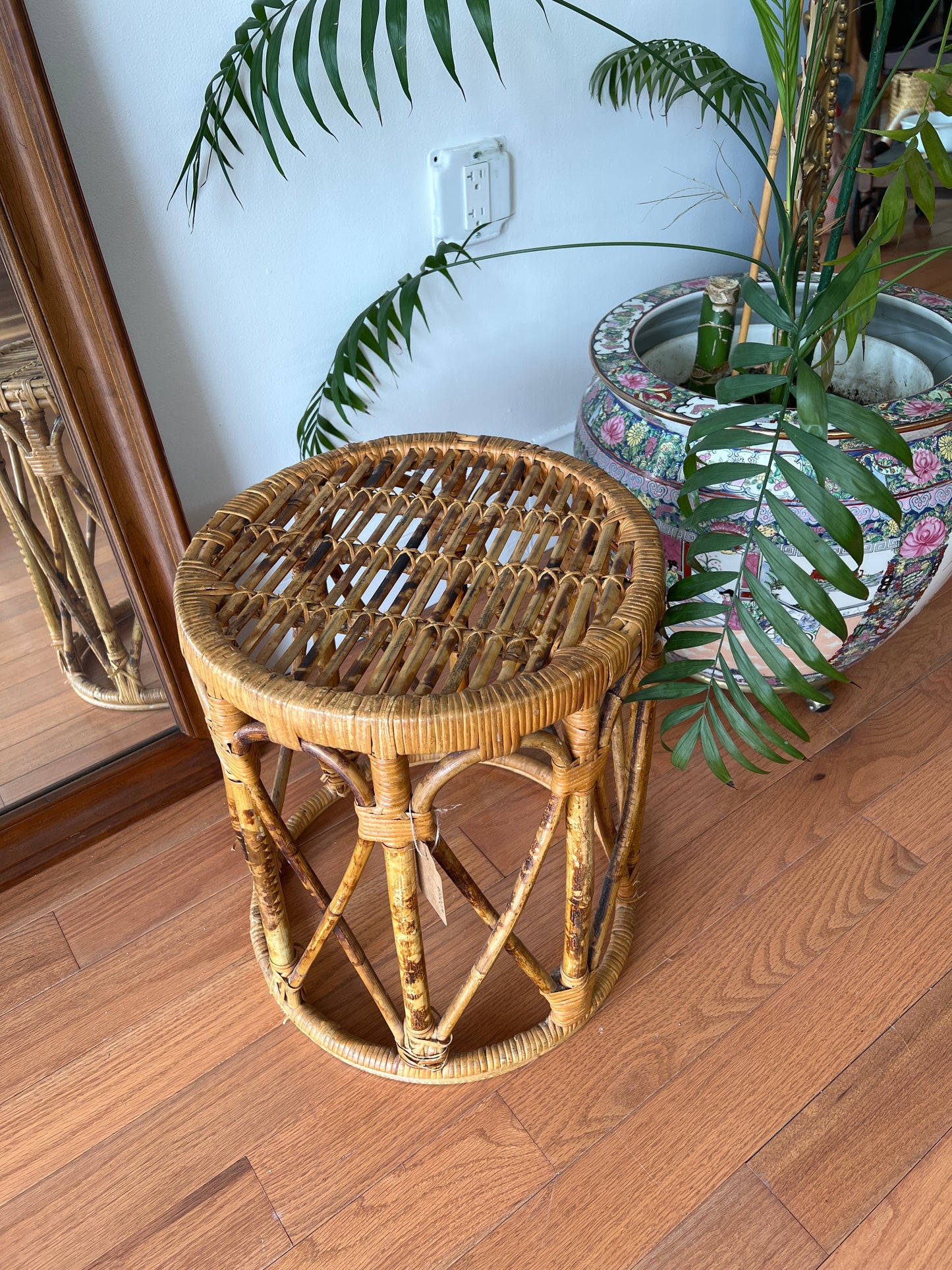 1960s Burnt Bamboo Drum Table – Tortoise Cane Plant Stand or Boho Side Table