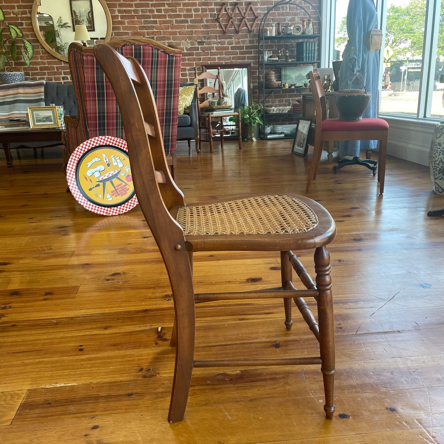 Classic Wooden Ladder-Back Cane Chair with Turned Legs