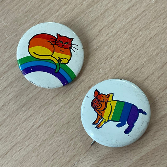 Vintage Rainbow Animal Pinback Buttons – Set of 2 (Cat & Pig, 1” each)