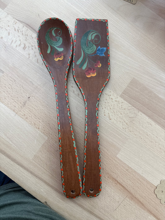 Hand-Carved & Painted Wooden Spoon and Spatula Set, Signed C.W. 2010