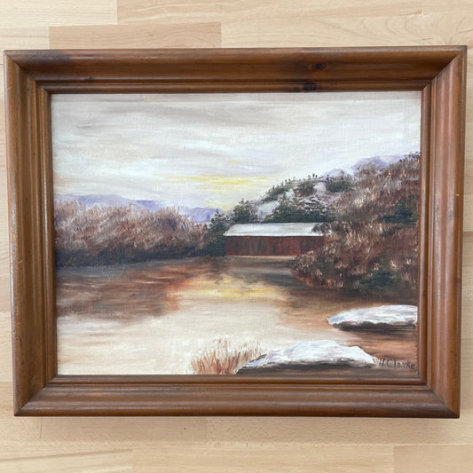 Vintage Signed Oil Painting by Helen L. Clarke – Covered Bridge Winter Landscape (21” x 17” Frame)
