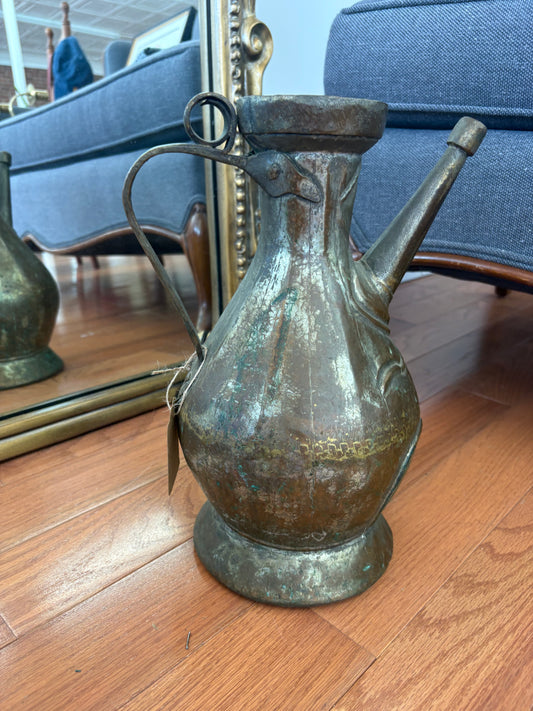 Antique 1800s Islamic Persian Copper Ewer Pitcher with Patina & Handwork