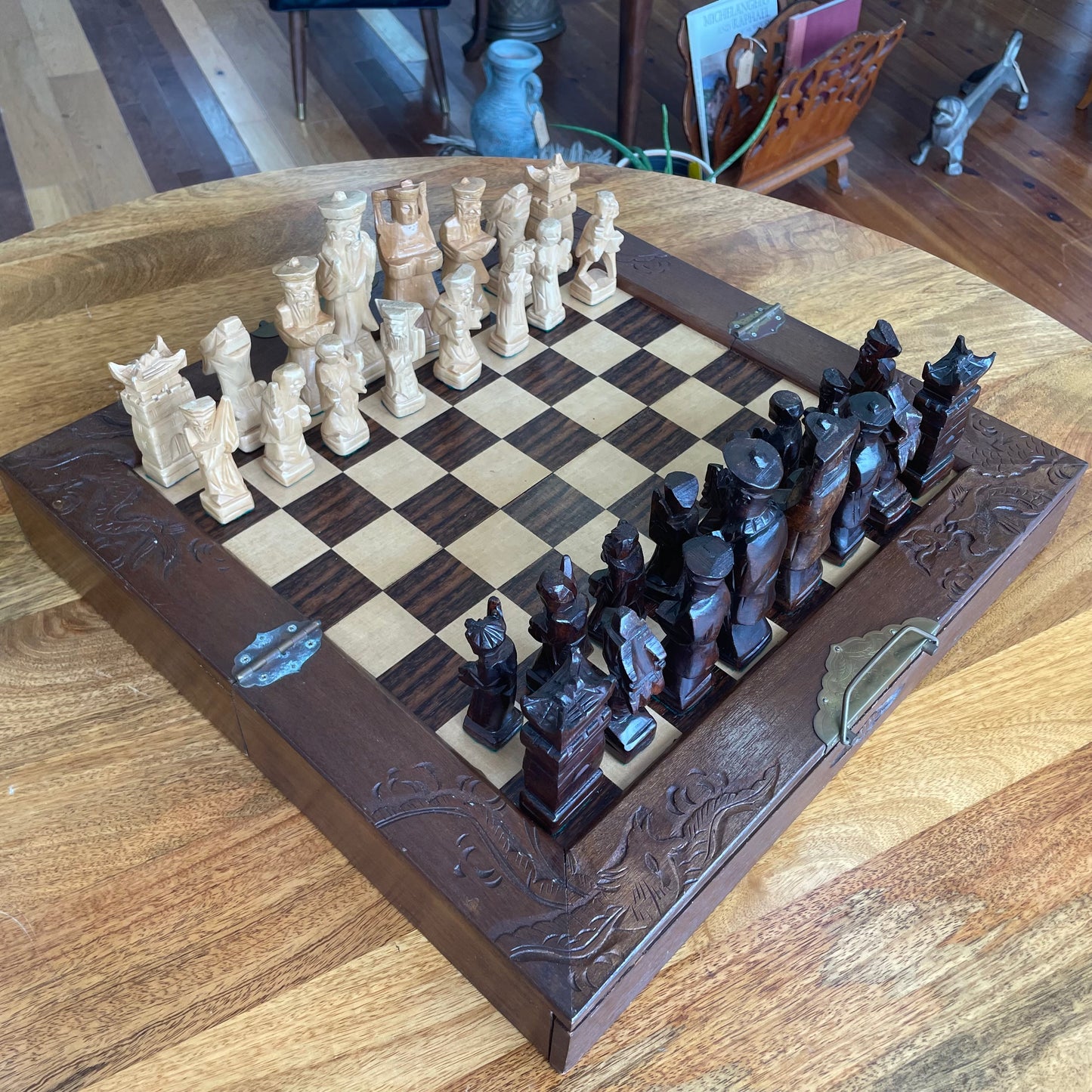 Hand-Carved Wooden Chess Set – Folding 18″ Board w/ Drawers & Brass Handles
