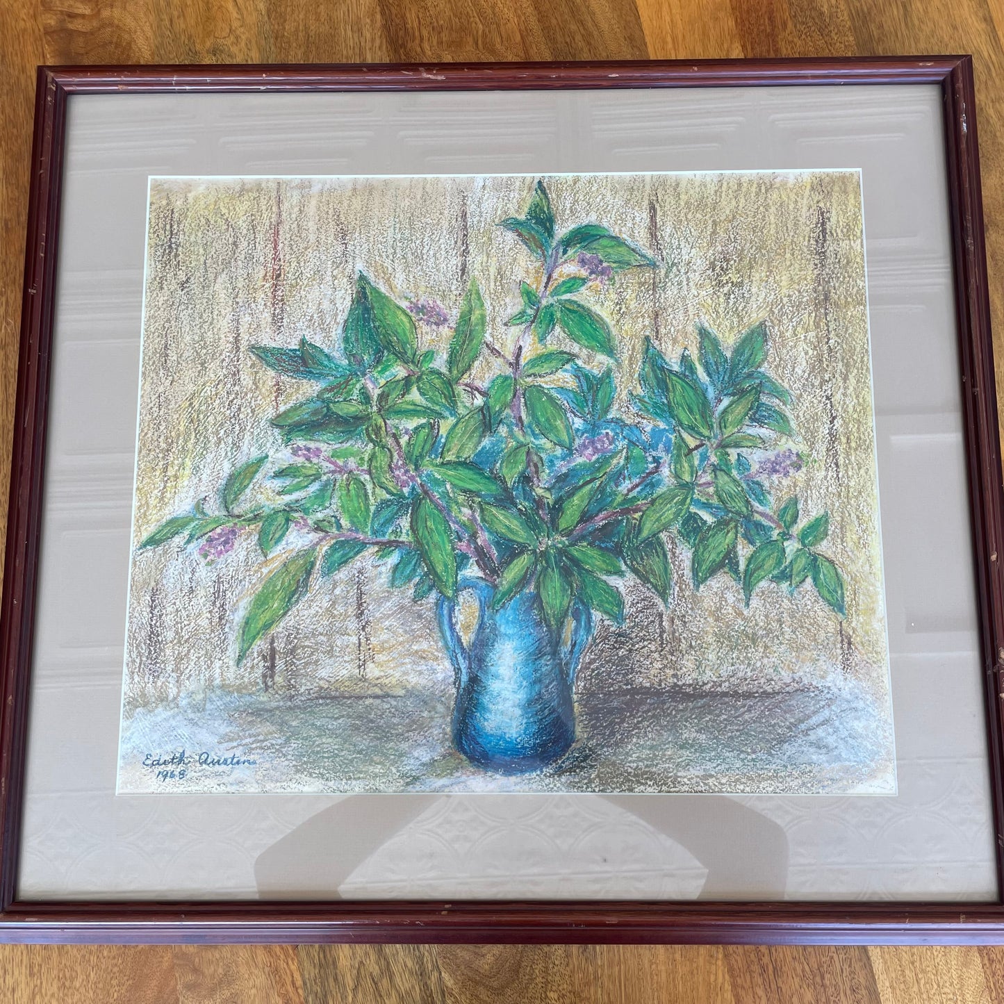 Pastel Still Life by Edith Austin – 1968 Signed, Framed Artwork of Greenery in Blue Vase