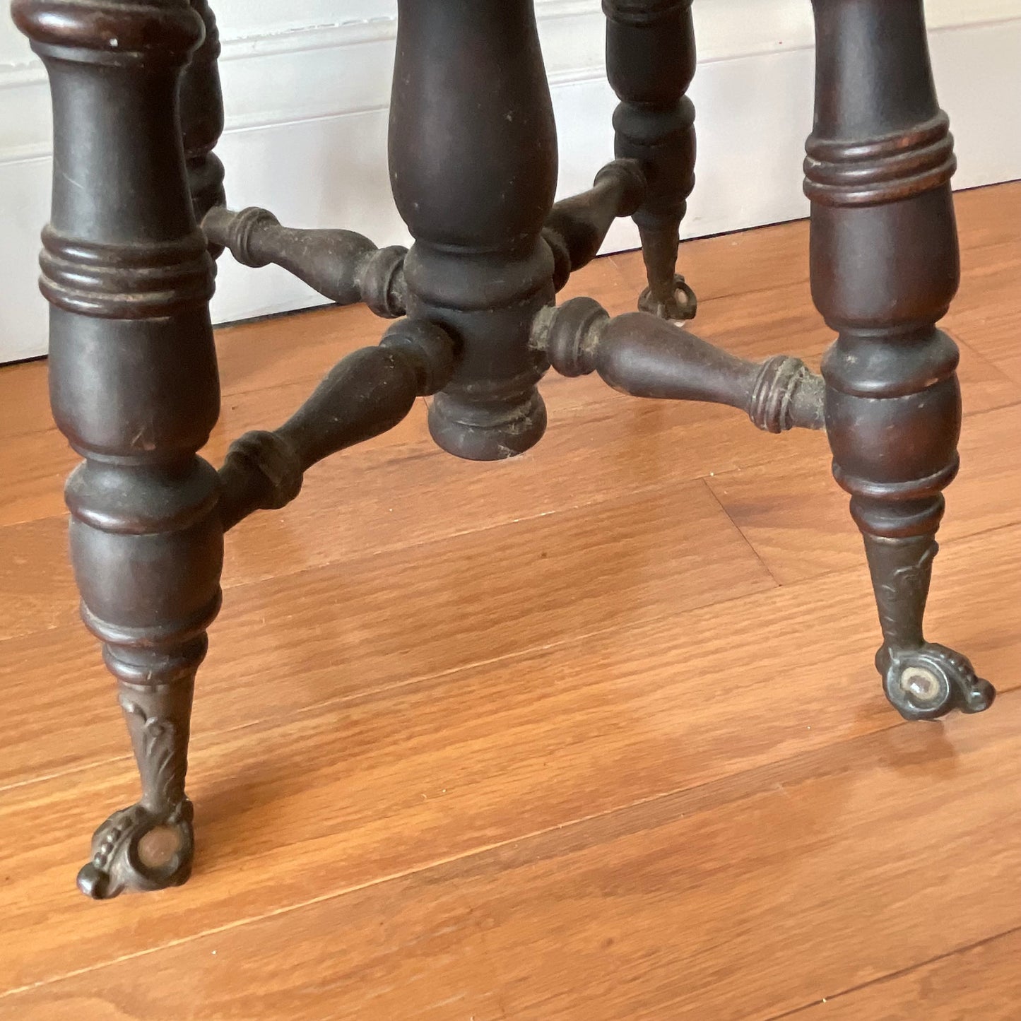 Antique Swivel Piano Chair with Claw Feet and Carved Backrest