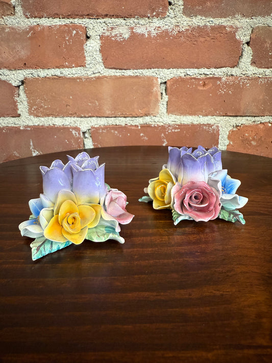 Vintage Portuguese Floral Ceramic Candlestick Holders – Hand-Painted Roses & Tulips