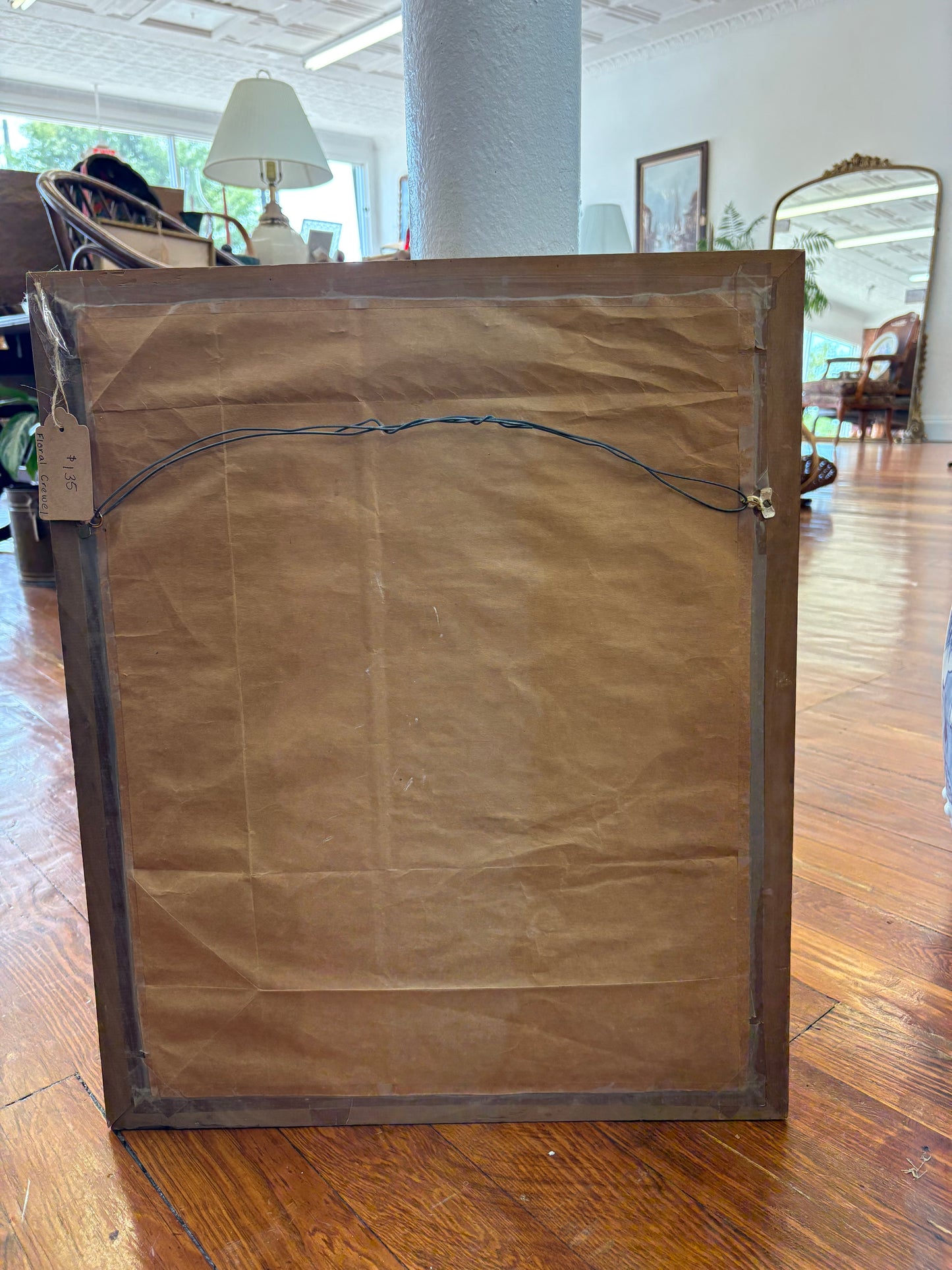 Vintage Floral Crewel Embroidery – Framed Bouquet Needlepoint, 23″ × 19″