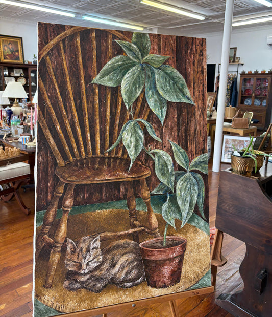 B. Nerreau Oil Painting – Sleeping Tabby Windsor Chair & Houseplant 30″ × 24″ Canvas