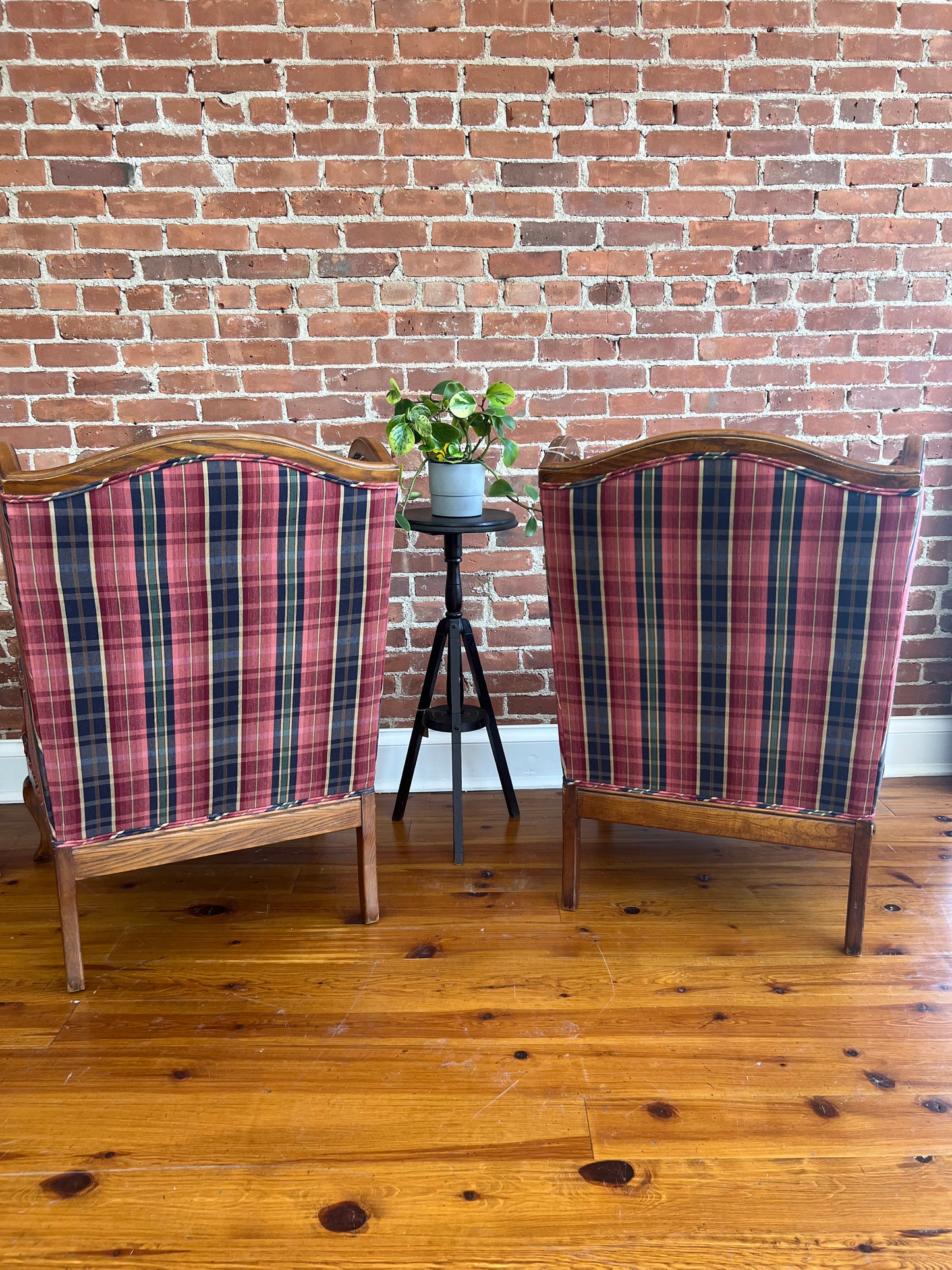 Pair of Vintage Plaid Wingback Chairs with Wood Frame – Classic Americana