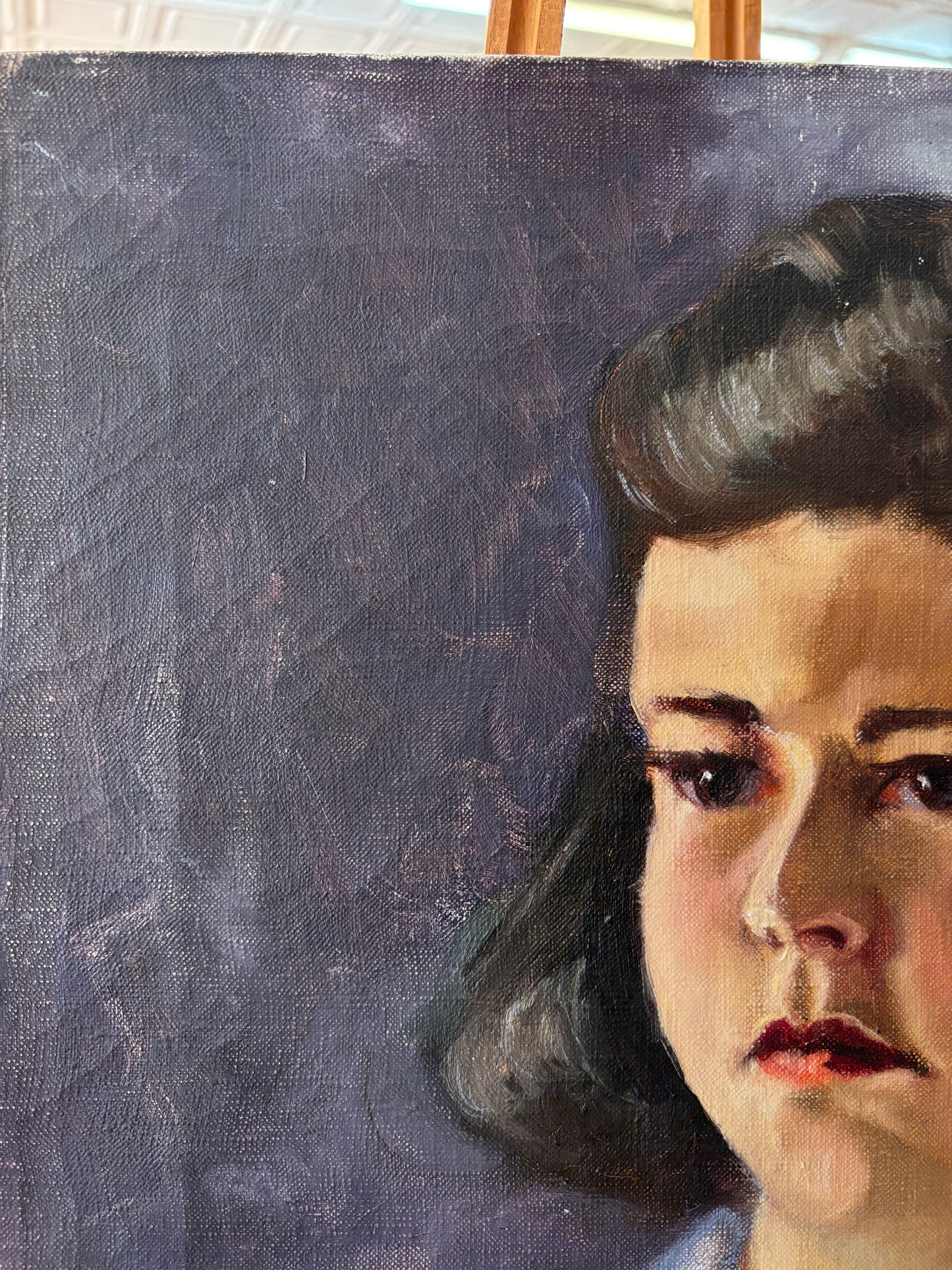 Mid-Century Oil Portrait – Young Woman in Blue Blouse, Realist Canvas, 24″