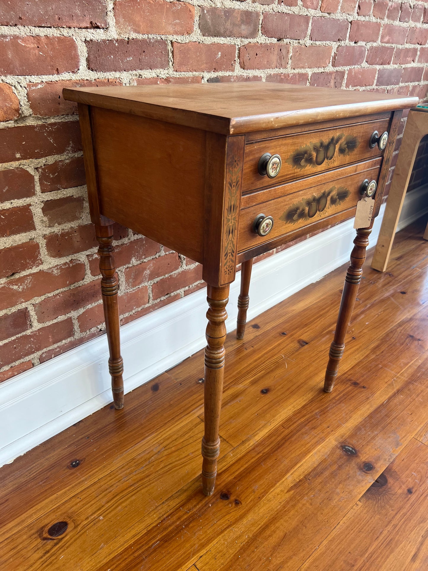 Antique Hitchcock Two-Drawer Side Table with Stenciled Fruit Design