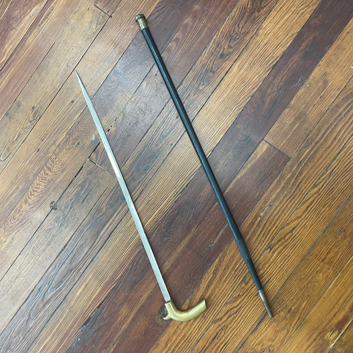 Antique Brass-Handled Sword Cane with Concealed Blade