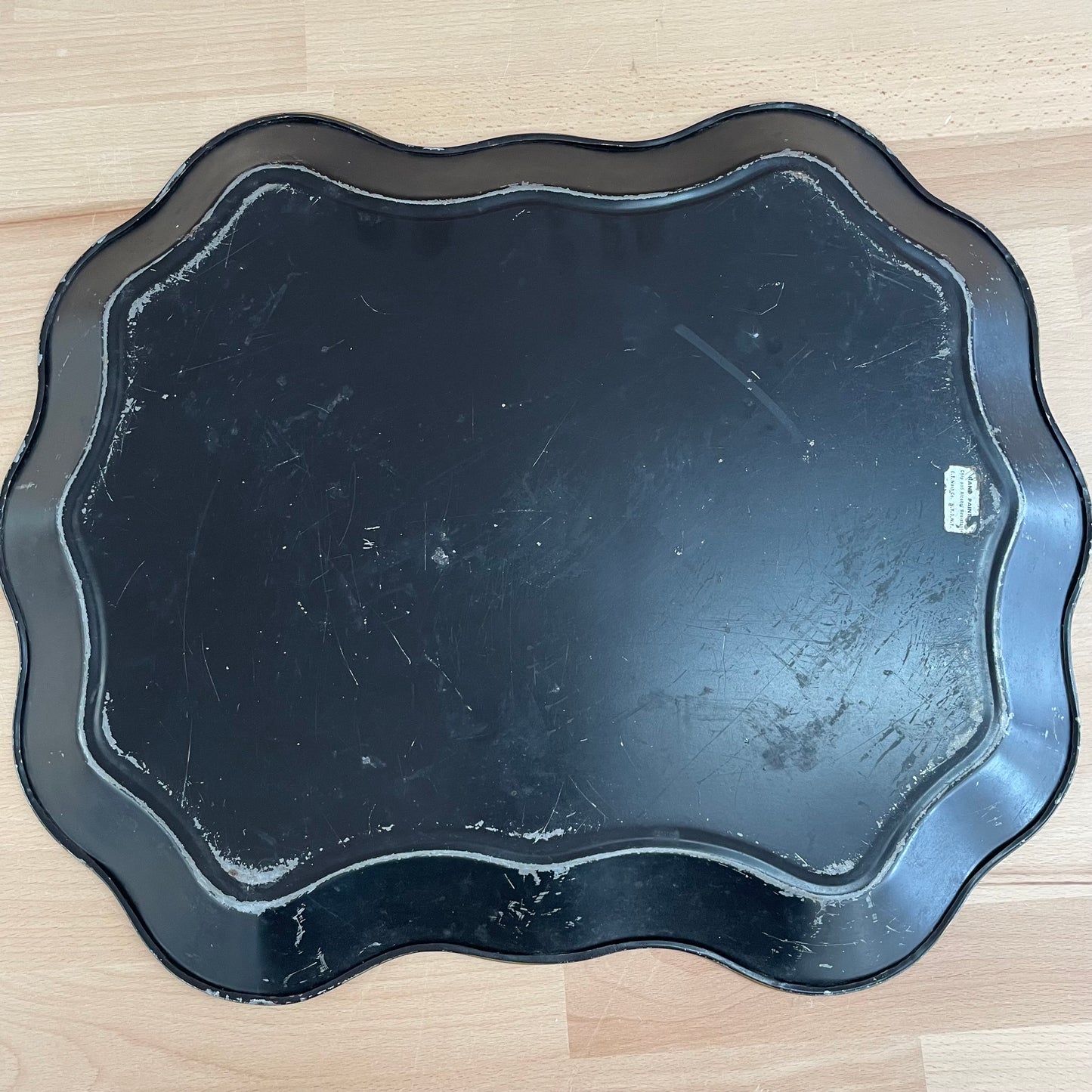 Vintage E.T. Nash Hand Painted Black Toleware Floral Metal Tray