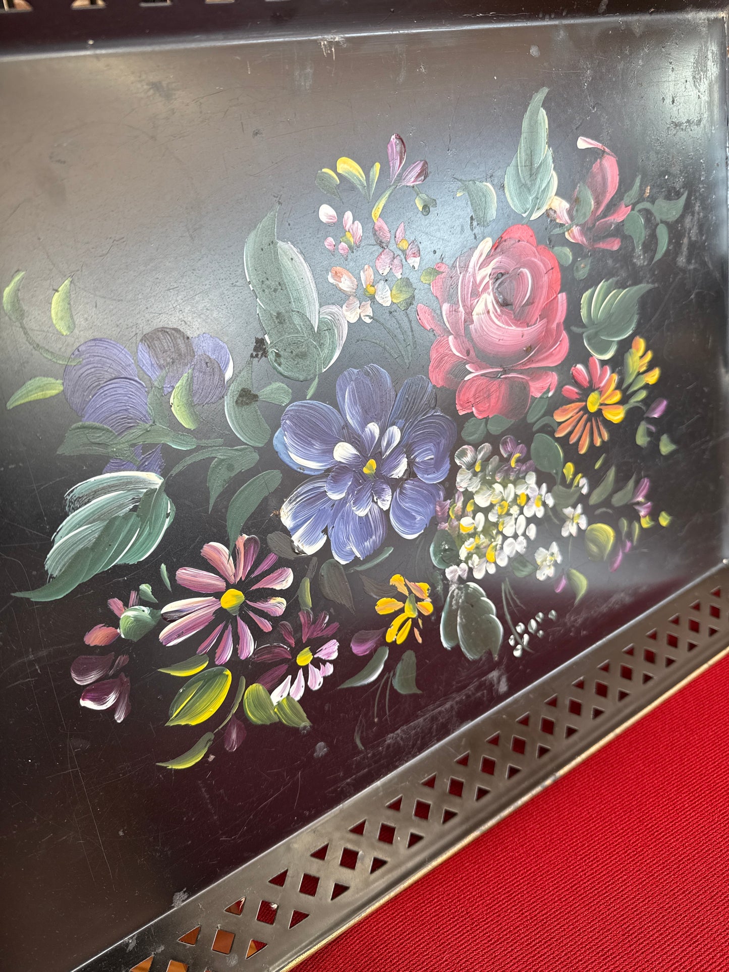 Vintage Hand-Painted Black Metal Floral Tray with Pierced Edges