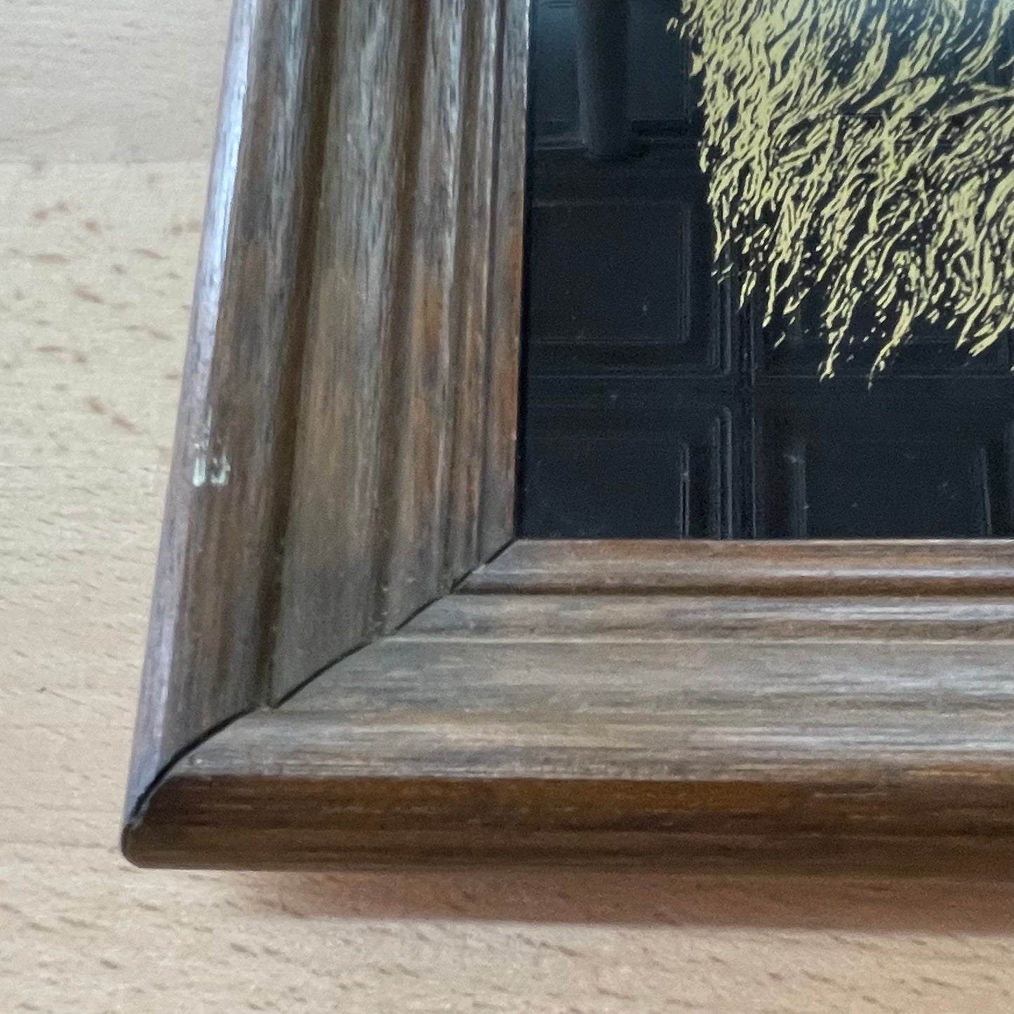 Vintage 1970s Gold Etched Lion Head on Black Glass, Wood Frame Wall Art