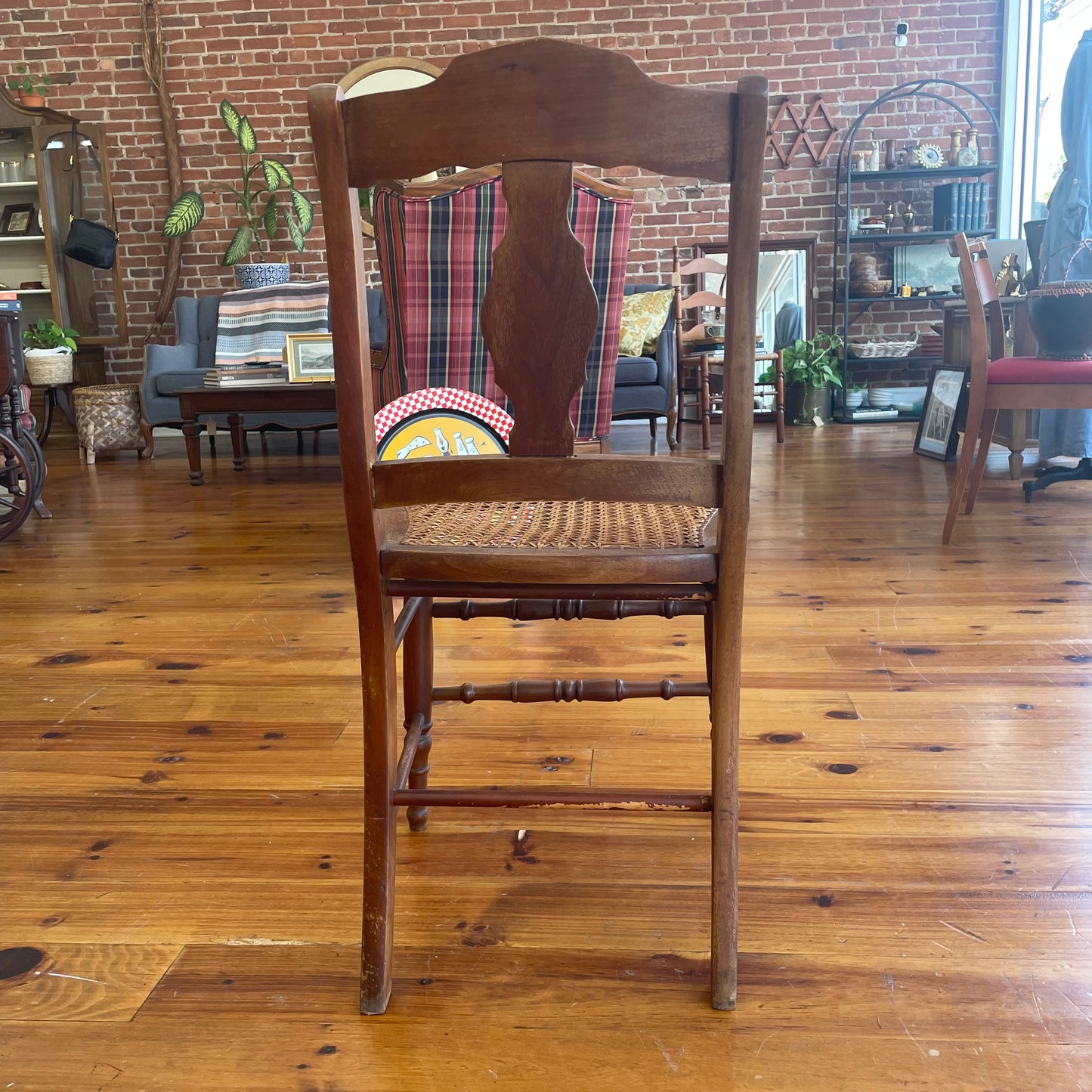 Vintage Wooden Cane Chair with Diamond-Back Detail