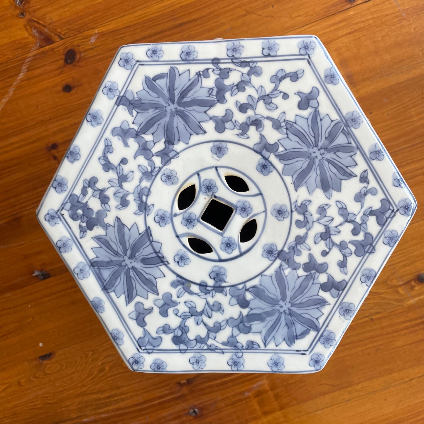 Blue and White Hexagonal Porcelain Garden Stool – Chinese Style Accent