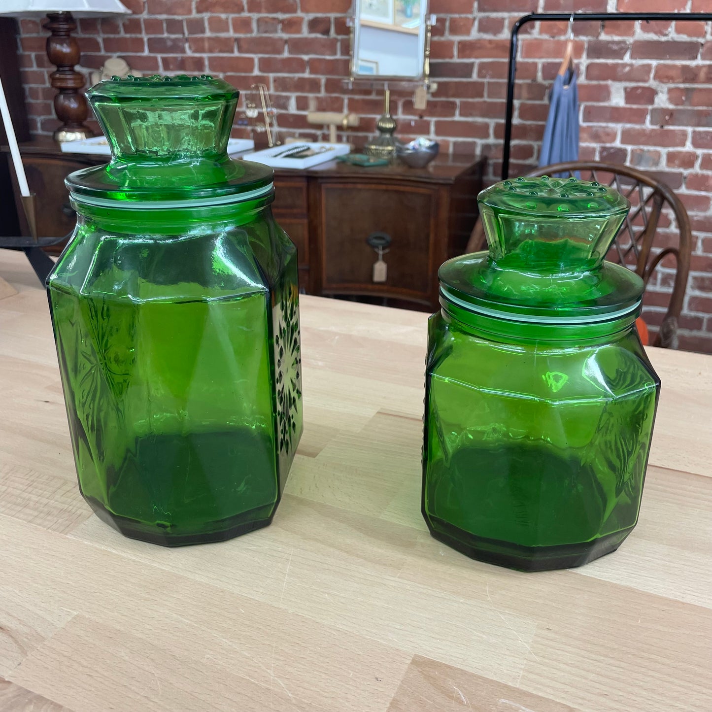 Vintage Wheaton Green Glass Canisters – Set of 2 with Starburst Design