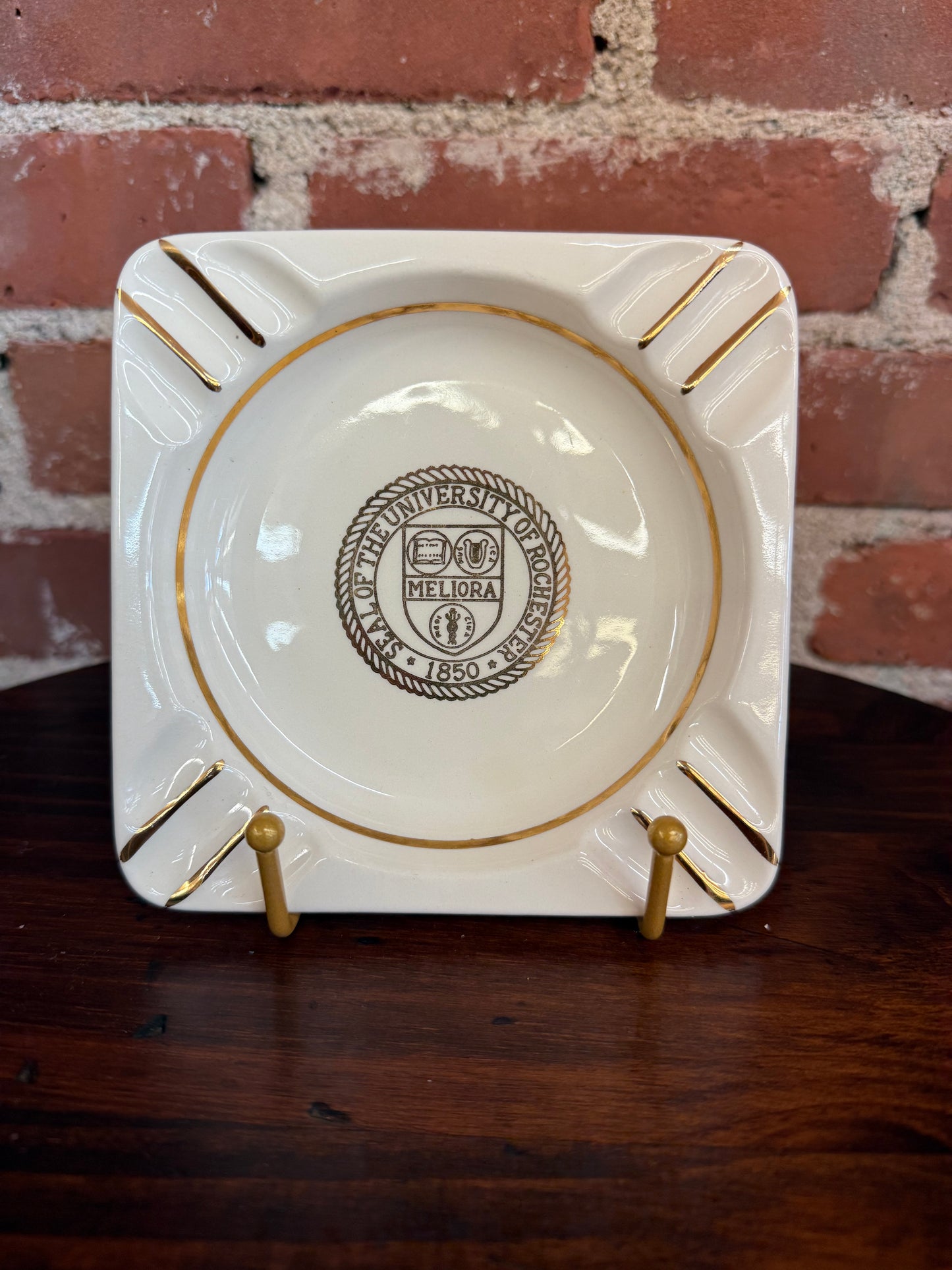 Vintage University of Rochester Ashtray – U.S. Bunting Co. Pottery, 5.5” Square Ceramic with Gold Trim