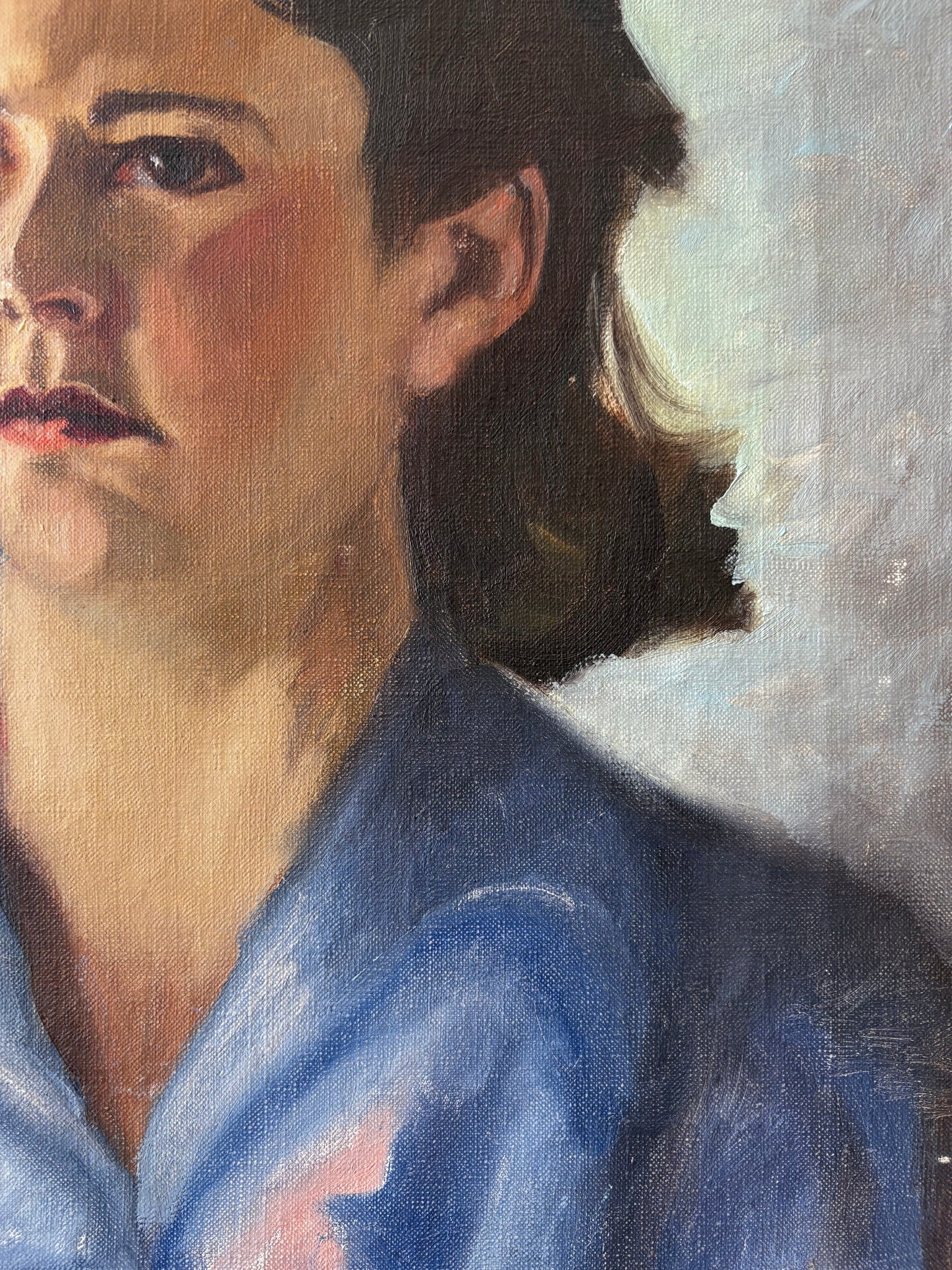 Mid-Century Oil Portrait – Young Woman in Blue Blouse, Realist Canvas, 24″