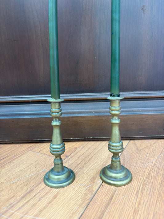 Vintage Skinny Brass Candlesticks Pair – Taper Holders 5″ Tall, Mid-Century Brass