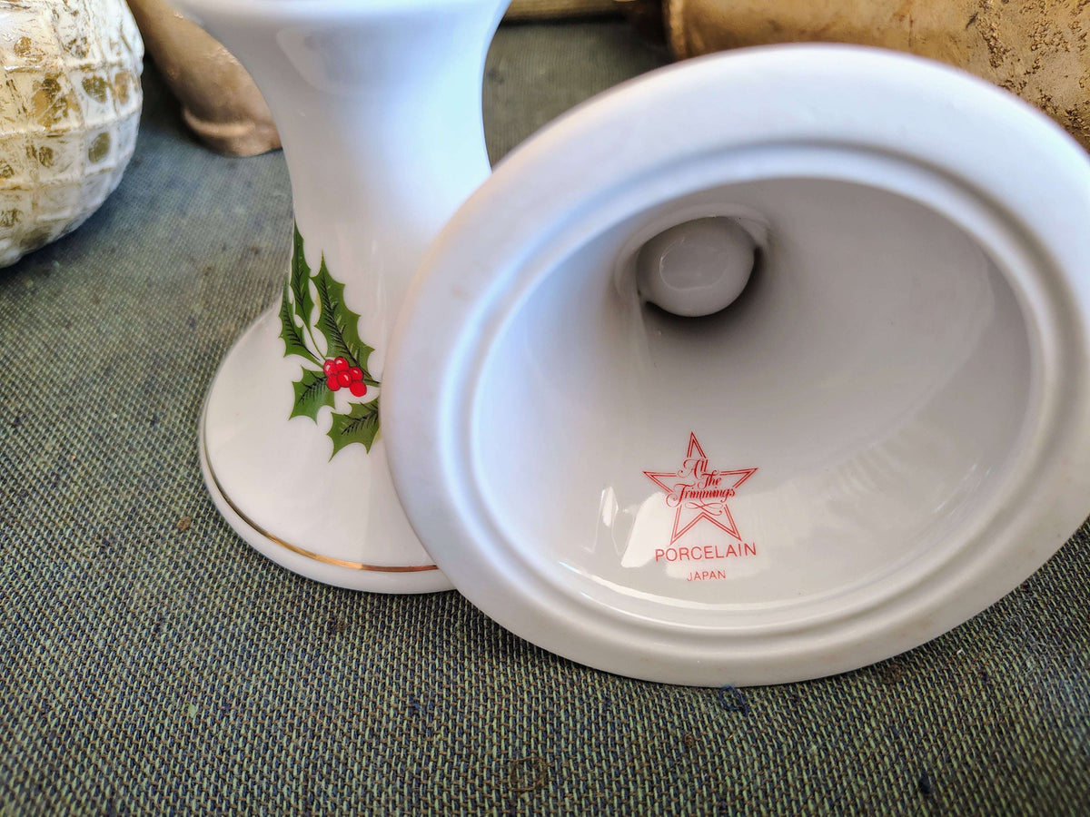 Vintage 1980s Christmas Holly Porcelain Candlestick Holders – Made in Japan, Set of 2 – photo 6 of 6