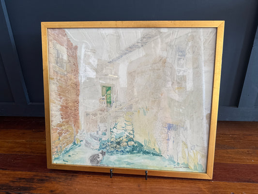 Original Watercolor by Sigurd Skou – Framed Architectural Scene with Cat