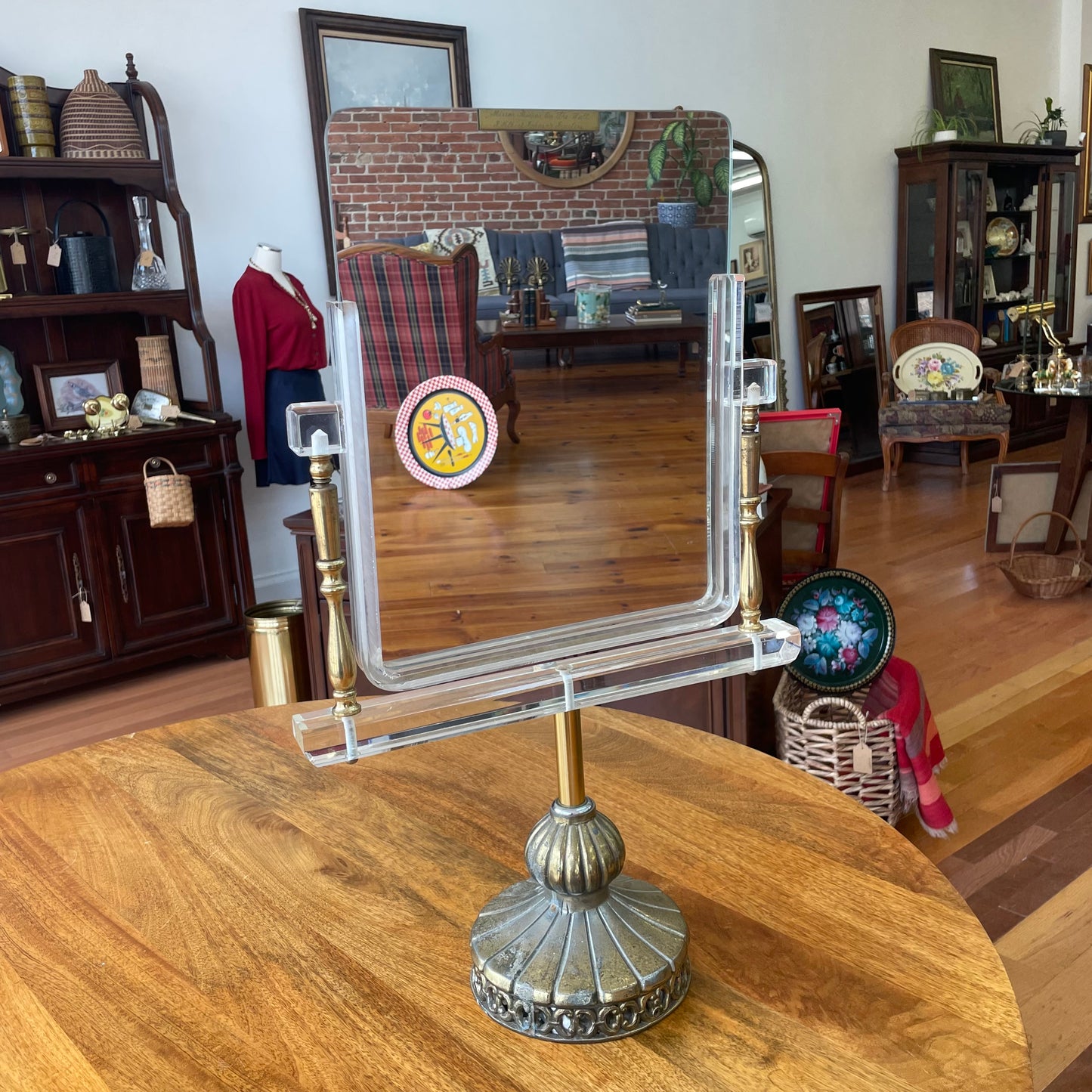 Hollywood Regency Brass & Lucite Vanity Mirror, Adjustable Dressing Table