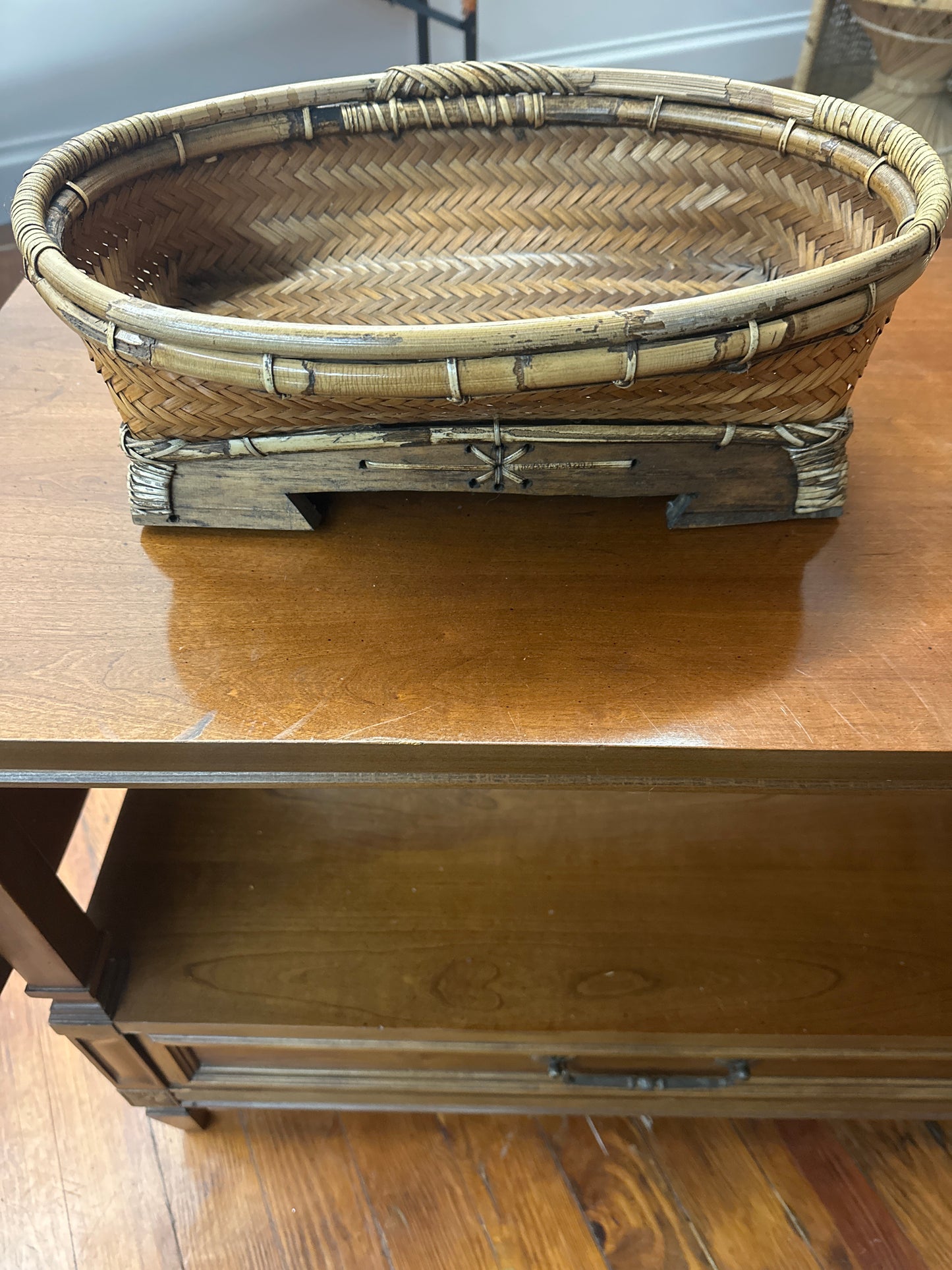 Handmade Thai Woven Wicker Basket with Footed Wood Base and Bamboo Trim